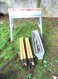 2 Metal Sawhorses And 1 Set Of Sawhorse Wood Legs