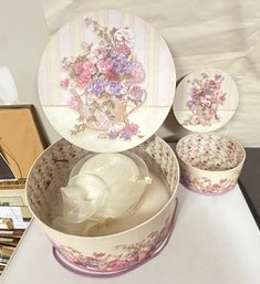 Two Flower Designed Large & Small Round Hat Box With Beautiful White Hat In It With Rope Handle&JohB-CVBc