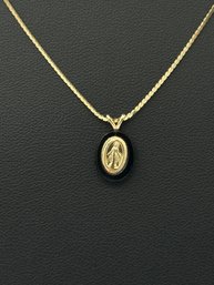 Wonderful 14k Yellow Gold Religious Mother Mary & Black Onyx Necklace