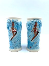 Pair Of Vintage Ceramic Tiki/hawaiian Surfer Girl Bud Vases