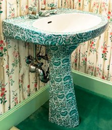 An Amazing Vintage Hand Painted Porcelain Pedestal Sink And Fittings