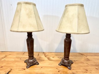 Pair Of Metal Column Table Lamps With Shades