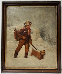 Antique Old Oil On Canvas Painting - Hunter & His Loyal Dog - 25.5 X 30.5 - Winter Scene - Norfolk Terrier