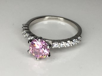 Wonderful Unusual Style 925 / Sterling Silver Ring With & Pink Tourmaline Ring And Channel Set Zircons