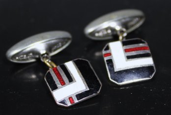 Pair Art Deco Tri Color Geometric Silver Tone Cufflinks Red, Black And Whtie