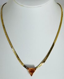 GOLD OVER STERLING SILVER AND PINKISH ORANGE TRILLION CUT STONE NECKLACE