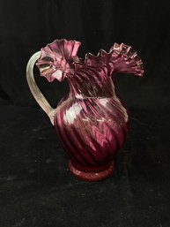 FENTON HAND BLOWN CRANBERRY SWIRL PITCHER