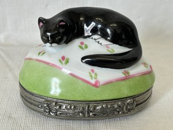 Charming Vintage 'chanill' LIMOGES 'peint Mein' Porcelain Trinket Box With Pewter Base- Signed