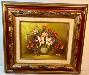 Beautiful Framed Pot Of Flowers Oil On Board