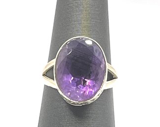 Gorgeous Sterling Silver Faceted Purple Stone Ring, Size 7