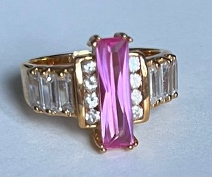 GORGEOUS GOLD OVER STERLING SILVER PINK AND WHITE STONE RING