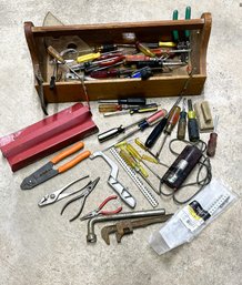 Vintage Wooden Tool Carrier/Box With Tools-Mossberg, Craftsman, Stanley And Others