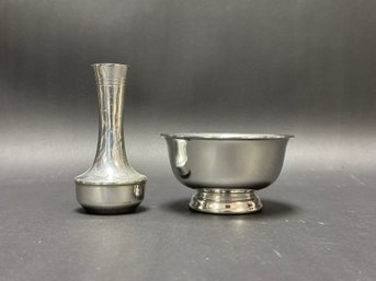 Polished Pewter Revere Bowl & Bud Vase