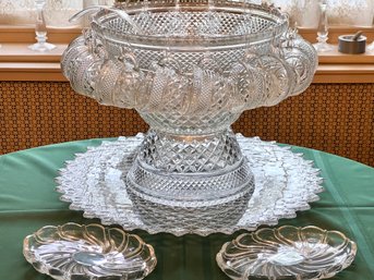 Vintage Pressed Glass Punch Bowl Set With Ladle And Stand