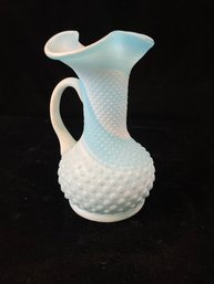 Fenton Blue & White Hobnail Ruffled Slag Glass Pitcher?Vase