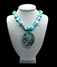 Southwest Style Boho Chunky Turquoise Color Nugget With World Themed Pendant Necklace