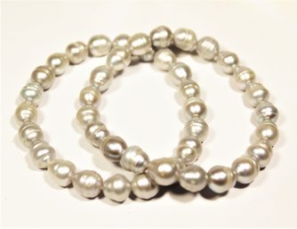 Pair Fine Gray Colored Cultured Pearl Bracelets Having Elasticity