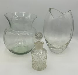 2 Clear Glass Vases & Perfume Bottle W/Stopper