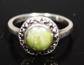 Sterling Silver Green Stone Marcasite Ring Size 5