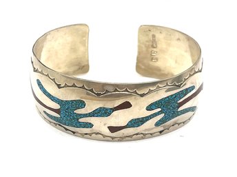 Beautiful Vintage Native American Sterling Silver Coral And Turquoise Inlay Cuff Bracelet