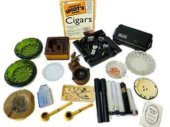 Cigar Collector's Lot (Herf-A-Dor Humidor, Lighters, Ash Trays, Book, Pipes, Etc.)