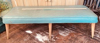 Vintage MCM Teal Blue Vinyl Diamond Pattern Bench 49x18x14