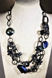 Fine Contemporary Designer Black Tone Necklace Blue Glass Stones 20'