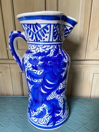 Blue And White Ceramic Oversized Pitcher 18in No Markings  No Chips