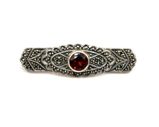 Vintage JJ Sterling Silver Marcasite Ruby Red Color Stone Brooch/pin