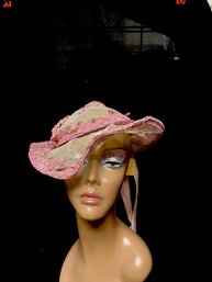 New Old Stock Vintage Posable Mesh Hat W/ Embroidered Applique & Ribbons