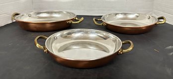 Set Of Three Vintage Copper Pans With Two Handles, Copper Cookware Made In Portugal. FL/A2