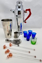 Vintage Art Deco Cocktail Shaker With Bakelite Handle, Shot Glasses, Elephant Swizzle Sticks & More