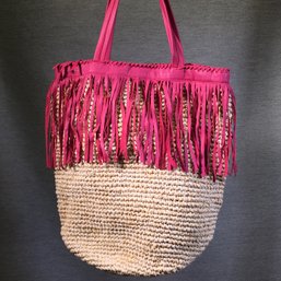 Lovely Like New CLEOBELLA Palms Tote / Beachbag - With Pink Leather Fringe - VERY Nice Quality Bag - Like New
