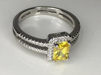Very Pretty 925 / Sterling Silver Ring With Yellow Topaz - Encircled And Channel Set White Zircons - WOW !