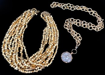 A Pair Of Costume Necklaces - Roman Coin And Brass Chip