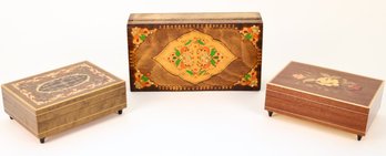 Pair Of Marquetry  Inlaid Wood Music Boxes And Cigar Box Made In Italy