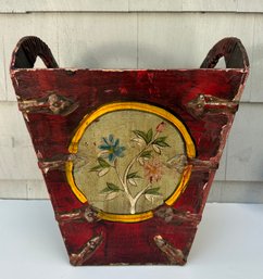 Antique Very Early Hand Decorated Asian Rice Bucket With Metal Support