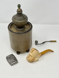 Tobacco Box, Hand Carved Bust Of A Sultan Turkish Figural Pipe, Opium Pipe And A Lighter Case