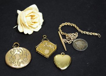 Victorian Gold Filled Lot, Three Lockets, Pendant With Coin And Large Carved Rose Pin