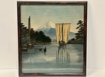 Vintage Colored Etching, Mount Fuji With Boats