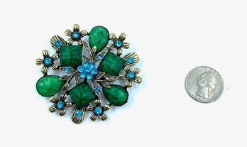 Rhinestone And Faceted Stone Floral Brooch Finished In Antique Bronze Tone.