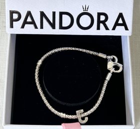 New In Box PANDORA Sterling Silver Bracelet With Heart-shaped Catch And Encrusted 'J' Charm