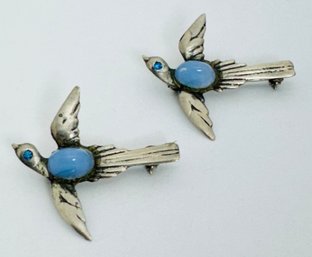 2 VINTAGE STERLING SILVER BLUE JELLY BELLY BIRD BROOCHES