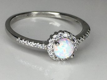 Fantastic 925 / Sterling Silver Opal Ring - Encircled With And Channel Set White Zircons - Very Nice Ring !
