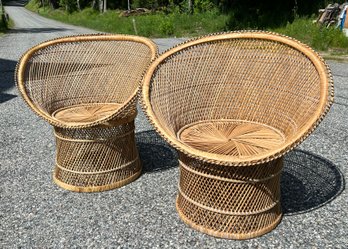 Pair Of Vintage 1970's BoHo Rattan Wicker Scoop Chairs