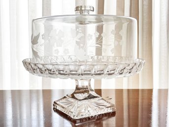 A Large Vintage Lidded Crystal Cake Stand With Etched Glass Lid