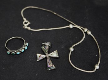 Lot Sterling Silver, Turquoise Ring Size 5.5, Abalone Cross Pendant,  Anklet (as/is)