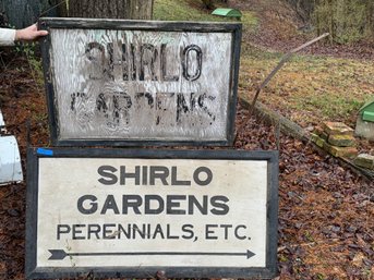 ANTIQUE PAINTED WOOD SIGN 'SHIRLO GARDENS' W/ SMALLER AS IS SIGN, 54' X 28' AND SMALLER