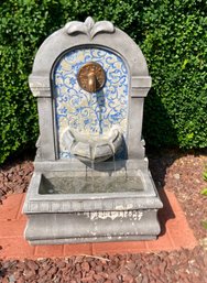 Very Nice Cement Water Fountain With Blue Flower Design Tile And Brass Spout