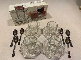 Set Of 4 Crown Corning Octagonal Shape Glass Cups And Saucers And Set Of 6 1881 Rogers A1 Teaspoons